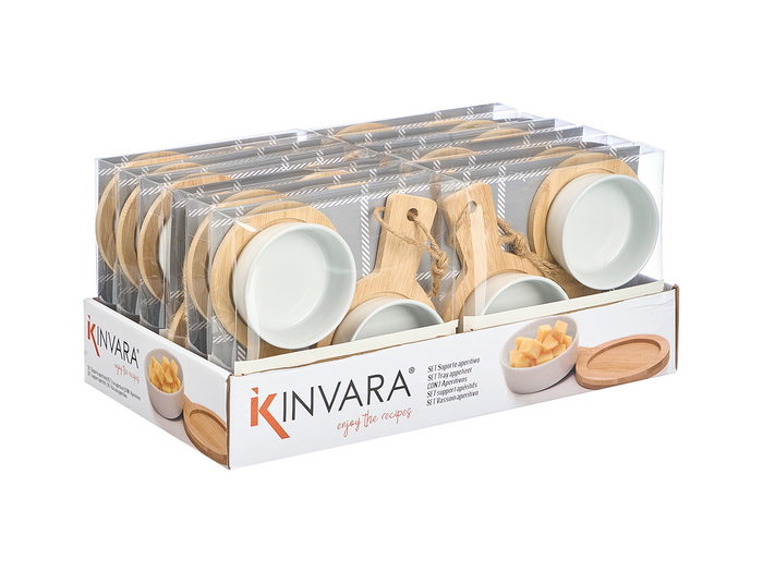 Kinvara Set de 2 Bols avec Support à Apéritif en Porcelaine et Bambou 18 x 3.5 x 17.5 cm (Set de 24)
