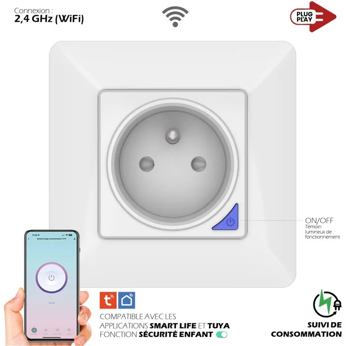 Kyf - Prise encastrée connectée intérieure WiFi avec compteur d'énergie, mesure qualité de l'air et humidité