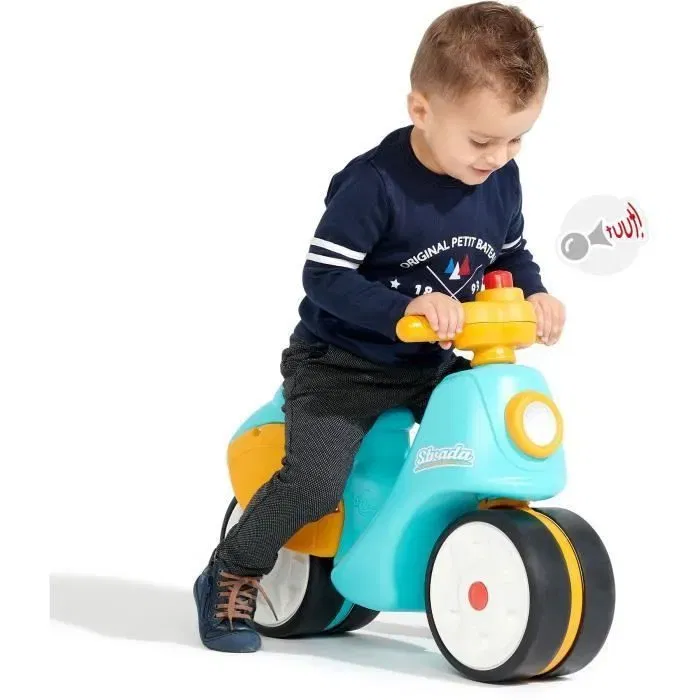 Falk Stada Scooter 1er âge - Jaune et Bleu, Klaxon Manuel, Roues Silencieuses, Stabilité Améliorée - Pour Enfant à Partir de 12 Mois - Fabriqué en France