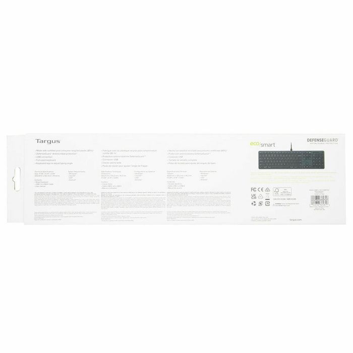 Targus ECO101BR Clavier filaire USB-A format complet (104 touches) avec protection antimicrobienne DefenseGuard - Matériaux recyclés 85% - Noir - Disposition Nordique