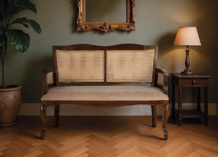 GINER Y COLOMER - Banc de sofa 2 places en bois d'acacia massif - Structure couleur noyer et tissu beige