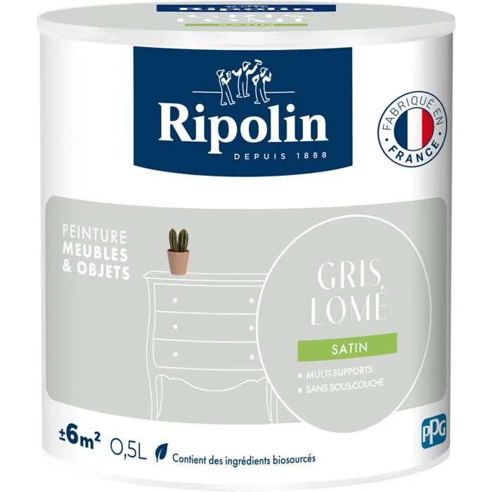 Ripolin - Peinture pour meubles et objets - Gris Lomé Satiné - Sans sous-couche - Intérieur/Extérieur - 0,5 L Ripolin - Peinture pour meubles et objets - Gris Lomé Satiné - Sans sous-couche - Intérieur/Extérieur - 0,5 L