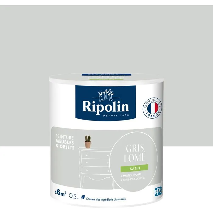 Ripolin - Peinture pour meubles et objets - Gris Lomé Satiné - Sans sous-couche - Intérieur/Extérieur - 0,5 L Ripolin - Peinture pour meubles et objets - Gris Lomé Satiné - Sans sous-couche - Intérieur/Extérieur - 0,5 L