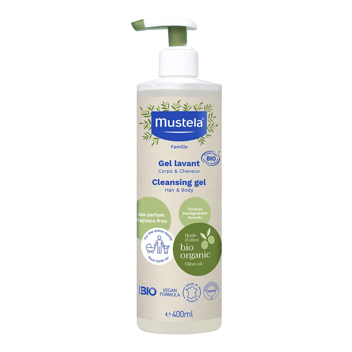 Mustela Gel Douche et Shampooing Biologique à l'Huile d'Olive pour le Corps et les Cheveux Enfants, Tous Types de Peau, 400 ml