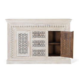 GINER Y COLOMER Buffet en bois de manguier massif couleur blanc vieilli, style artisanal avec 2 portes et 3 tiroirs - 150 x 100 x 40 cm