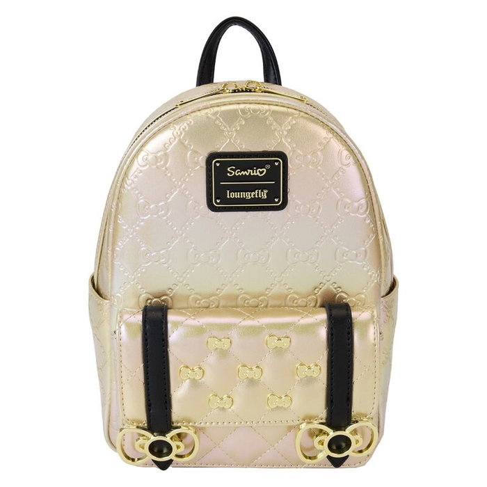 Loungefly Sac à dos Hello Kitty 50th Anniversary - 27,5 cm - Cuir vegan métallisé, tirants ajustables, fermoir à pression, détails dorés, intérieur assorti