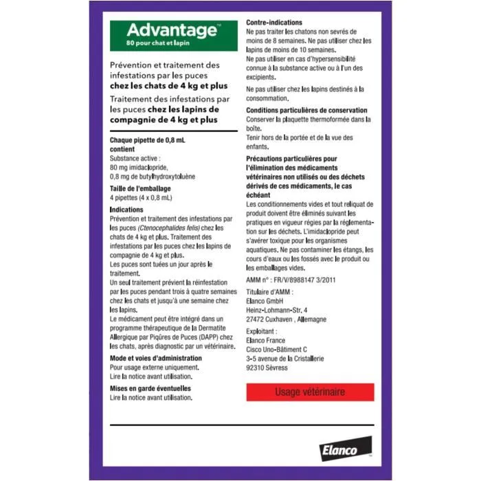 Advantage Solution Antipuces pour Chats et Lapins +4kg (4 pipettes) - Traitement et Prévention des Puces - Efficace en 12h