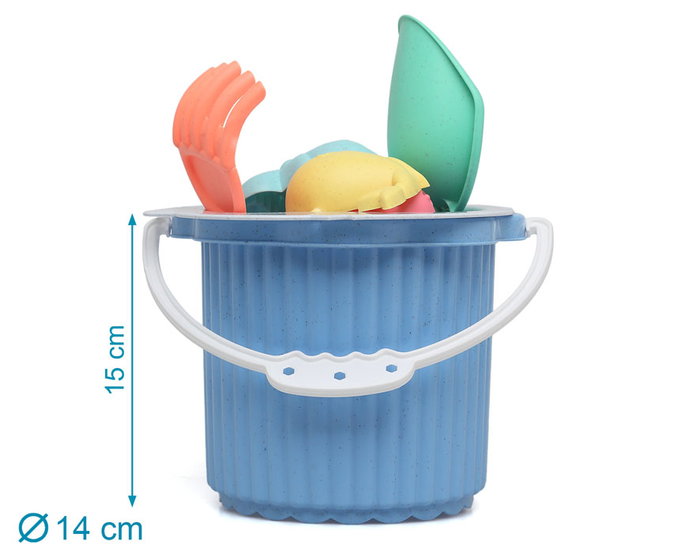 KioKids - Set de Plage pour Bébé avec 7 Pièces (Cubo, Pelle, Râteau, Tamis, Moules) en Bleu