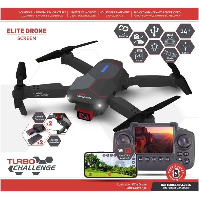 Turbo Challenge Drone RC Double Caméra avec Valisette - Télécommande à Écran - 20 km/h - 2 Batteries - Enregistrement Micro-SD - 400329 - Modèle 14 ans et plus