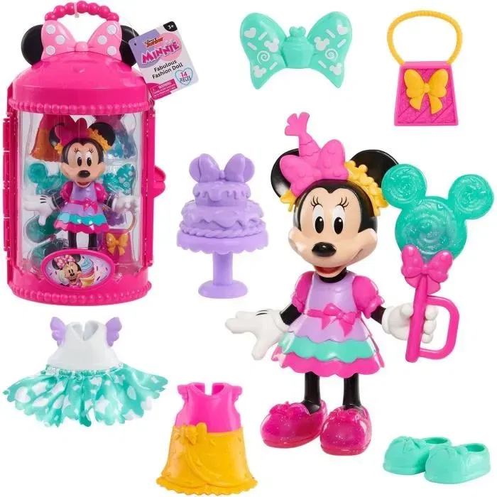 Disney - Coffret Poupée Articulée Minnie Mouse Sweet Party 15 cm - Avec Robes, Accessoires et Étui de Transport