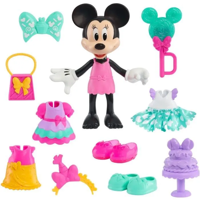 Disney - Coffret Poupée Articulée Minnie Mouse Sweet Party 15 cm - Avec Robes, Accessoires et Étui de Transport