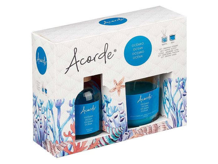 Acorde Set Mikado 100 ml et Bougie 30h Océan Bleu - 19 x 15 x 7 cm (Set de 6)