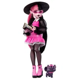 Monster High Poupée Draculaura HRP64 avec Animal de Compagnie Count Fabulous et Accessoires - Tenue Fuchsia et Noire