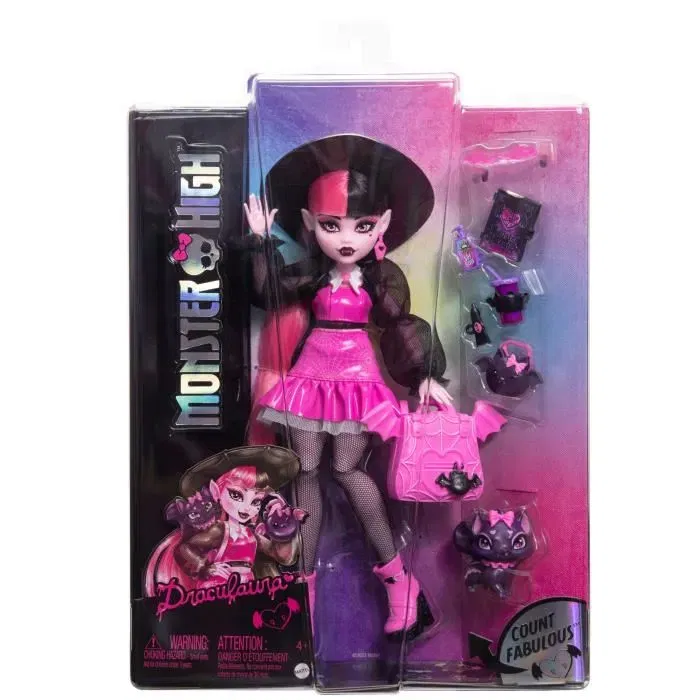 Monster High Poupée Draculaura HRP64 avec Animal de Compagnie Count Fabulous et Accessoires - Tenue Fuchsia et Noire