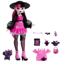 Monster High Poupée Draculaura HRP64 avec Animal de Compagnie Count Fabulous et Accessoires - Tenue Fuchsia et Noire