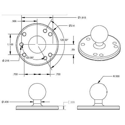 RAM Mounts RAM-B-202U Plaque ronde avec rotule de 1" - Support avec plateau de 2.5" et trous pré-percés pour montage