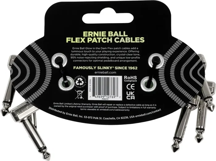 Ernieball Cable Interlink Flex Jack-Jack Phosphorescent 7,5 cm (Pack de 3)