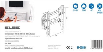 Elbe SP-2360-I - Support TV mural inclinable pour écrans 23 à 60 pouces, max 30 kg, compatibilité VESA 50x50 à 200x200, inclinaison 10°, couleur noir