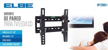 Elbe SP-2360-I - Support TV mural inclinable pour écrans 23 à 60 pouces, max 30 kg, compatibilité VESA 50x50 à 200x200, inclinaison 10°, couleur noir