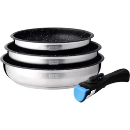 Arthur Martin AM2196 Set de 3 poêles en acier inoxydable 20, 24, 26 cm, antiadhérentes, poignée amovible, compatible tous feux induction