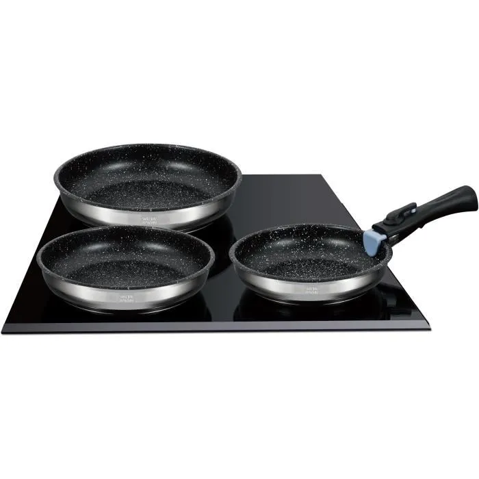 Arthur Martin AM2196 Set de 3 poêles en acier inoxydable 20, 24, 26 cm, antiadhérentes, poignée amovible, compatible tous feux induction