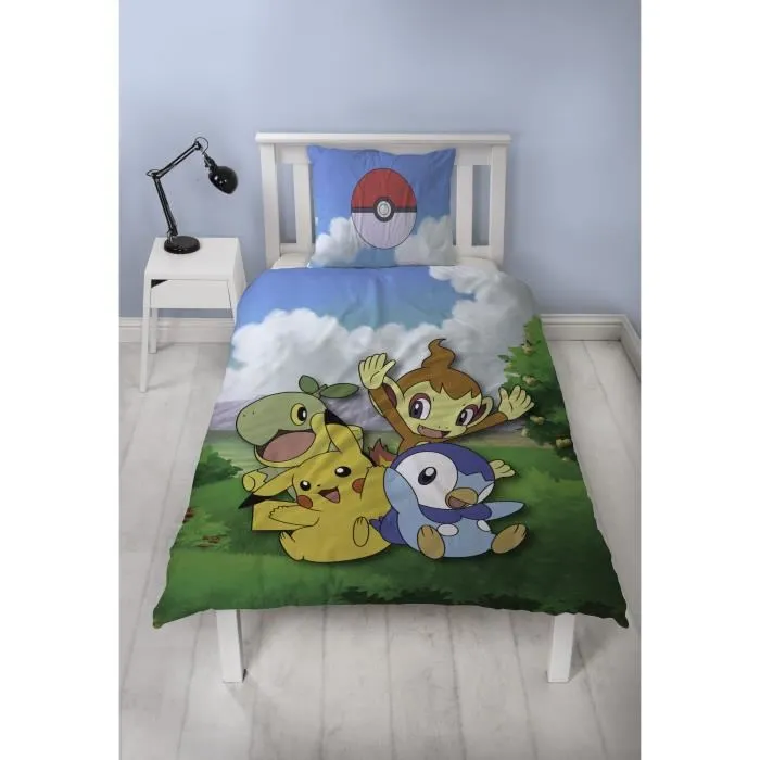 Pokemon Parure de lit reversible Pikachu et ses amis en microfibre - Housse de couette 140 x 200 cm + 1 taie 63 x 63 cm - Licence officielle