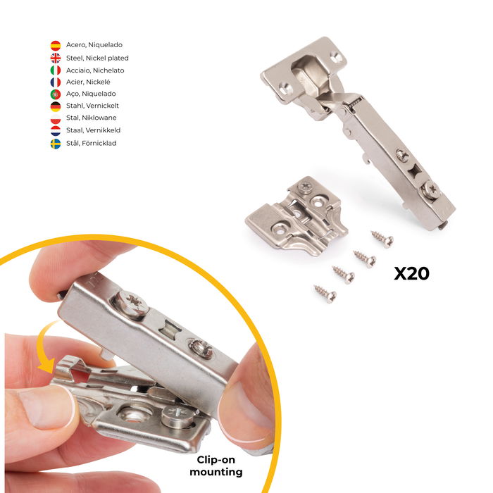 Emuca Lot de 20 charnières droites X92 avec fermeture amortie et embase à visser, Hauteur 0, Acier, Nickelé Emuca Lot de 20 charnières droites X92 avec fermeture amortie et embase à visser, Hauteur 0, Acier, Nickelé
