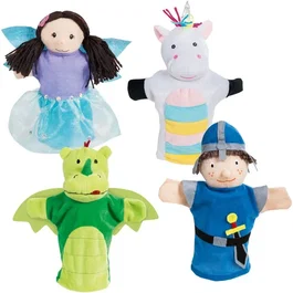 Roba - Set de 4 marionnettes à main pour enfants : Fée enchanteresse, Licorne, Dragon et Chevalier - Ensemble de marionnettes en tissu lavable et doux - Conforme normes EN 71-1