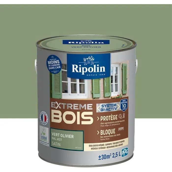 Ripolin Peinture 3 actions pour bois intérieur et extérieur satinée, Vert olivier RAL 6021 - 2,5 L (Rendement: 30 m²)