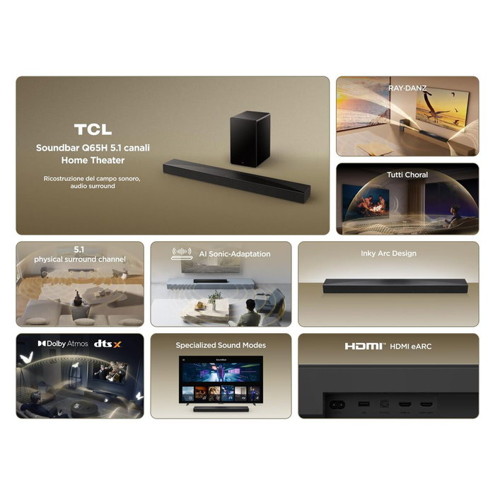 TCL Q65H Barre de son 5.1 avec Dolby Atmos, DTS:X et caisson de basses sans fil