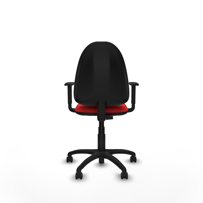 Chaise de bureau Aýna avec mécanisme Contact permanent de base, revêtue de simili cuir rouge. Équipée d'une base en polyamide noir, d'accoudoirs 1D et de roulettes pour parquet Chaise de bureau Aýna avec mécanisme Contact permanent de base, revêtue de simili cuir rouge. Équipée d'une base en polyamide noir, d'accoudoirs 1D et de roulettes pour parquet