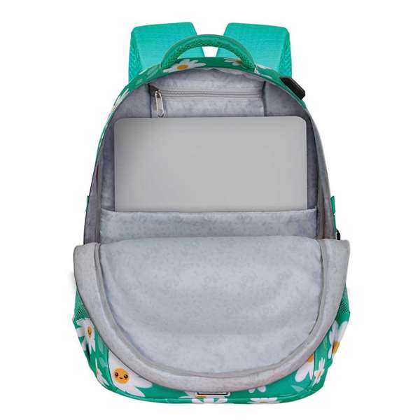 OMP! Mochila Run. Plus FAN Blooming - Sac à dos grande capacité, 44x34x21 cm, avec port USB, compartiments multiples et dos aéré - Bleu turquoise