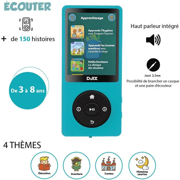 D-Jix M-Storykids - Baladeur audio pour enfants avec écran 2,4" - Plus de 150 histoires intégrées - Autonomie 25h - Bluetooth 5.0 - 4 Go - Port USB-C