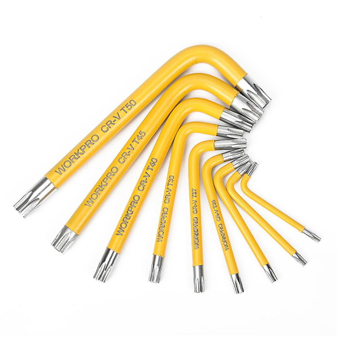 Workpro Jeu de 9 clés Torx de sécurité, acier chromé-vanadium, jaune, T10 à T50 Workpro Jeu de 9 clés Torx de sécurité, acier chromé-vanadium, jaune, T10 à T50