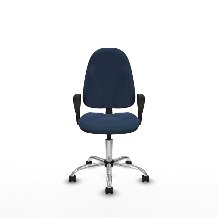 Chaise Algarra Contact permament de base Cuir écologique Bleu foncé Structure chromée Accoudoirs fixes Sans appui-tête Roulettes autofreinées