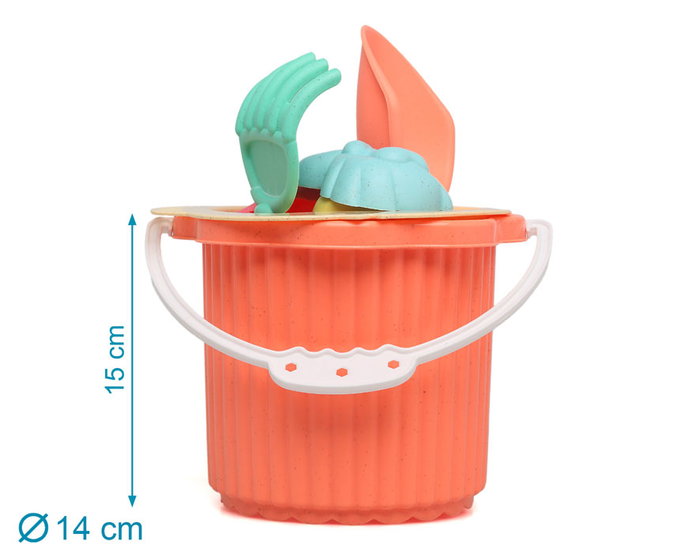 KioKids Set de seau de plage en plastique recyclé pour bébés de 18 mois - 7 pièces avec seau, pelle, râteau, tamis et moules - Coral
