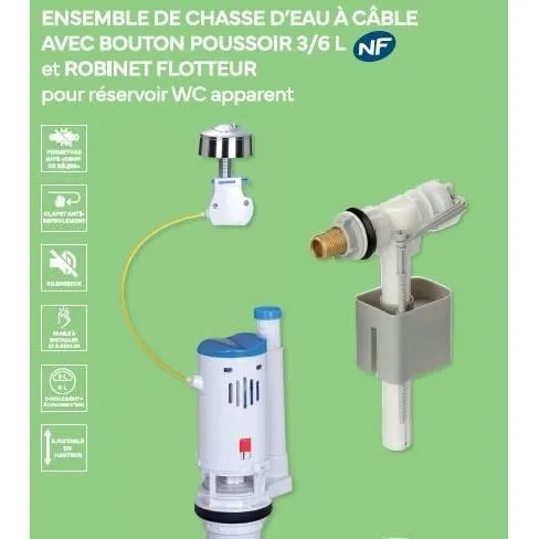 Novobain - Kit de chasse d'eau avec mécanisme double débit 3/6L et robinet flotteur - Hauteur réglable 250 à 510 mm - Accessoires inclus - Fonctionnement silencieux