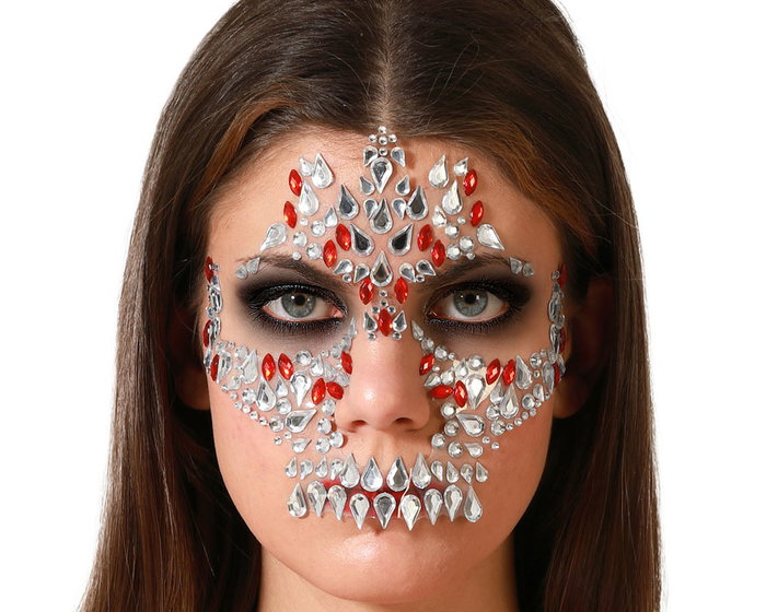 Joias Facial Autoadhésives Crâne avec Cristaux Lilas et Argenté pour Déguisement Catrina, Spectres ou Personnages Féminins Surnaturels Joias Facial Autoadhésives Crâne avec Cristaux Lilas et Argenté pour Déguisement Catrina, Spectres ou Personnages Féminins Surnaturels