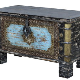 GINER Y COLOMER - Coffre de rangement en bois de manguier vieilli noir avec détails bleus et ouverture supérieure - 45 x 80 x 40 cm