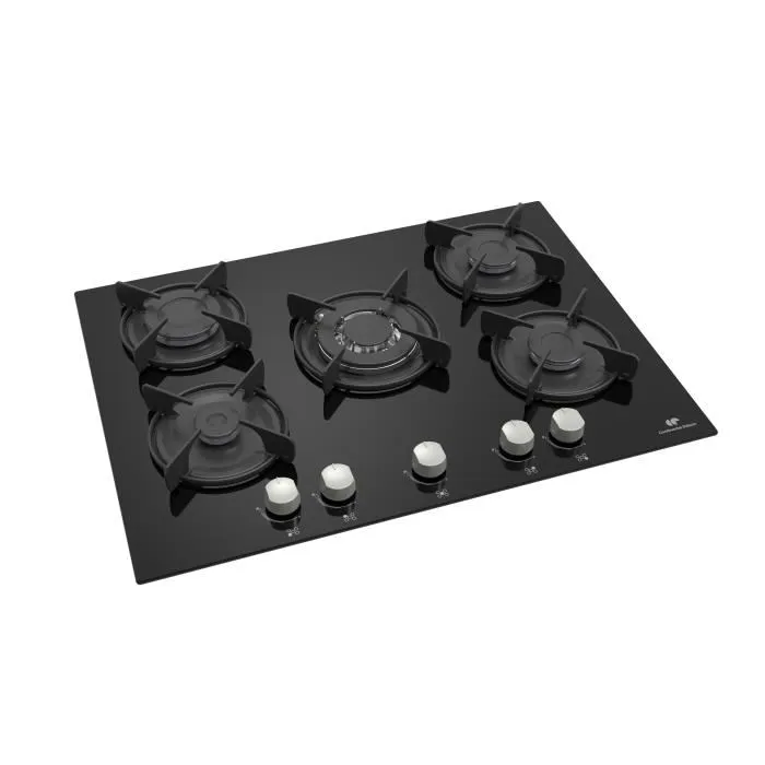 Continental Edison Table de cuisson gaz 5 foyers en verre noir