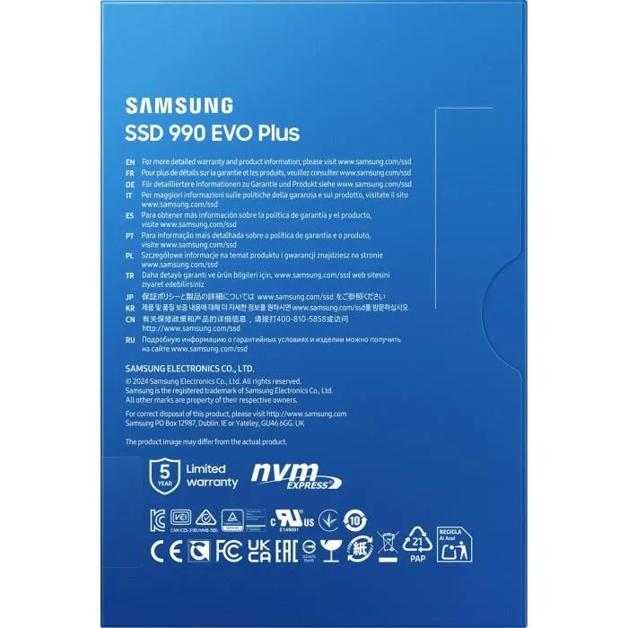 Samsung 990 EVO Plus SSD Interne 2 To NVMe M.2 PCIe 4.0x4 Lecture 7 250 Mo/s