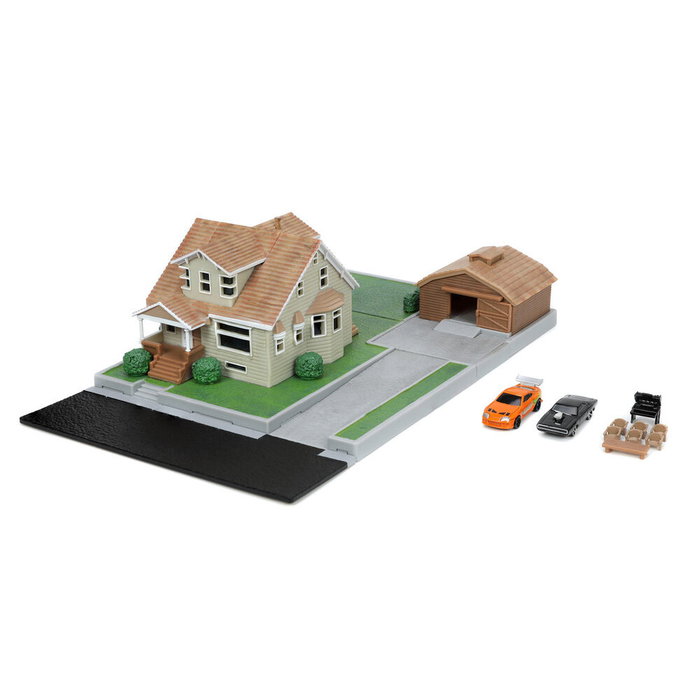Jada Toys Fast & Furious - Réplique du garage Toretto Diorama, set avec garage et zone extérieur + 2 voitures métalliques à l'échelle nano (Dodge Charger et Toyota Supra)