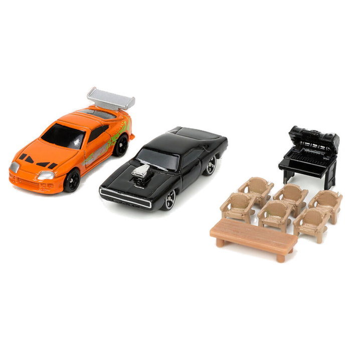Jada Toys Fast & Furious - Réplique du garage Toretto Diorama, set avec garage et zone extérieur + 2 voitures métalliques à l'échelle nano (Dodge Charger et Toyota Supra)