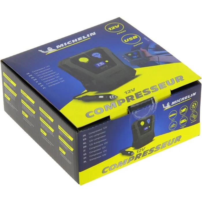 Michelin Mini - Compresseur digital 12V - Précision 0.05 à 3.5 bars - Compact avec prise USB et affichage digital - Flexible nylon 10 cm inclus Michelin Mini - Compresseur digital 12V - Précision 0.05 à 3.5 bars - Compact avec prise USB et affichage digital - Flexible nylon 10 cm inclus
