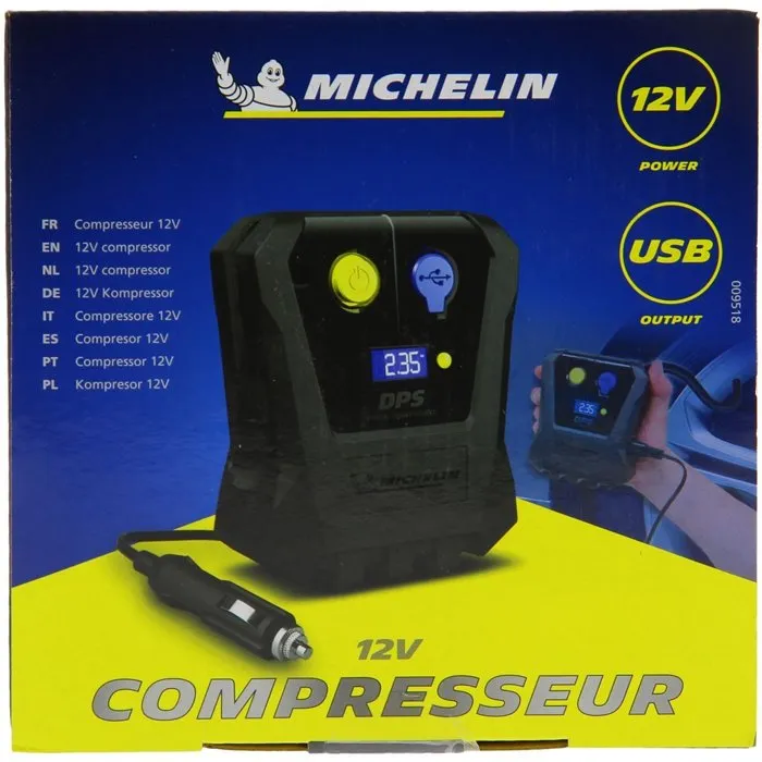 Michelin Mini - Compresseur digital 12V - Précision 0.05 à 3.5 bars - Compact avec prise USB et affichage digital - Flexible nylon 10 cm inclus Michelin Mini - Compresseur digital 12V - Précision 0.05 à 3.5 bars - Compact avec prise USB et affichage digital - Flexible nylon 10 cm inclus