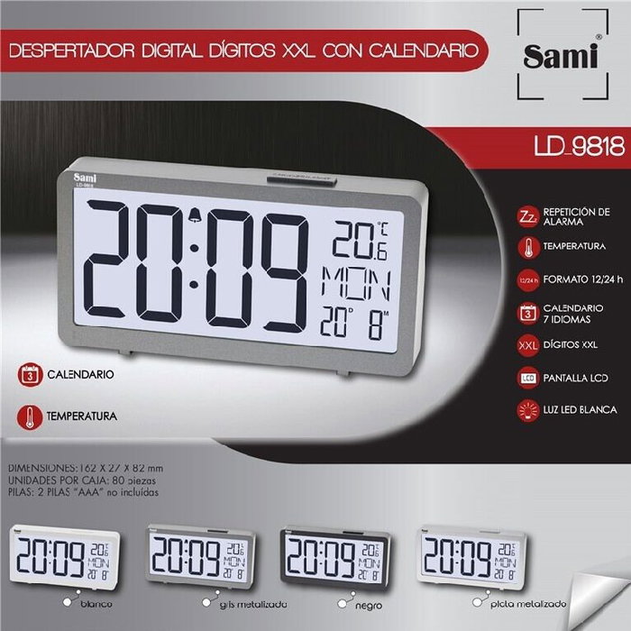 SAMI Réveil LCD avec calendrier et thermomètre grands chiffres argent