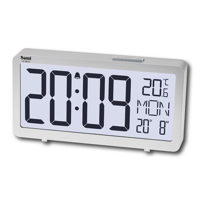 SAMI Réveil LCD avec calendrier et thermomètre grands chiffres argent