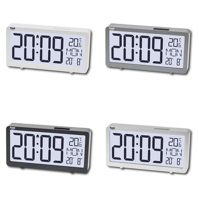 SAMI Réveil LCD avec calendrier et thermomètre grands chiffres argent