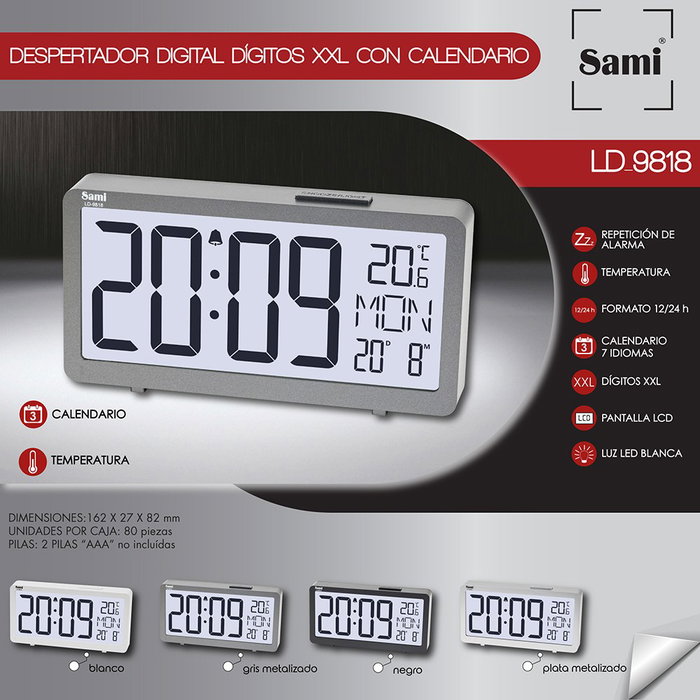 SAMI Réveil LCD avec calendrier et thermomètre grands chiffres argent