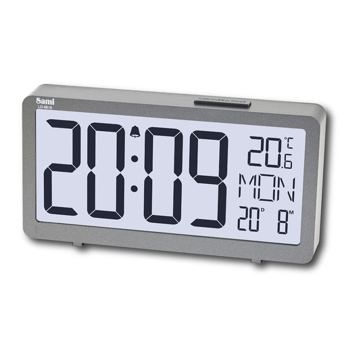 SAMI Réveil LCD avec calendrier et thermomètre grands chiffres argent